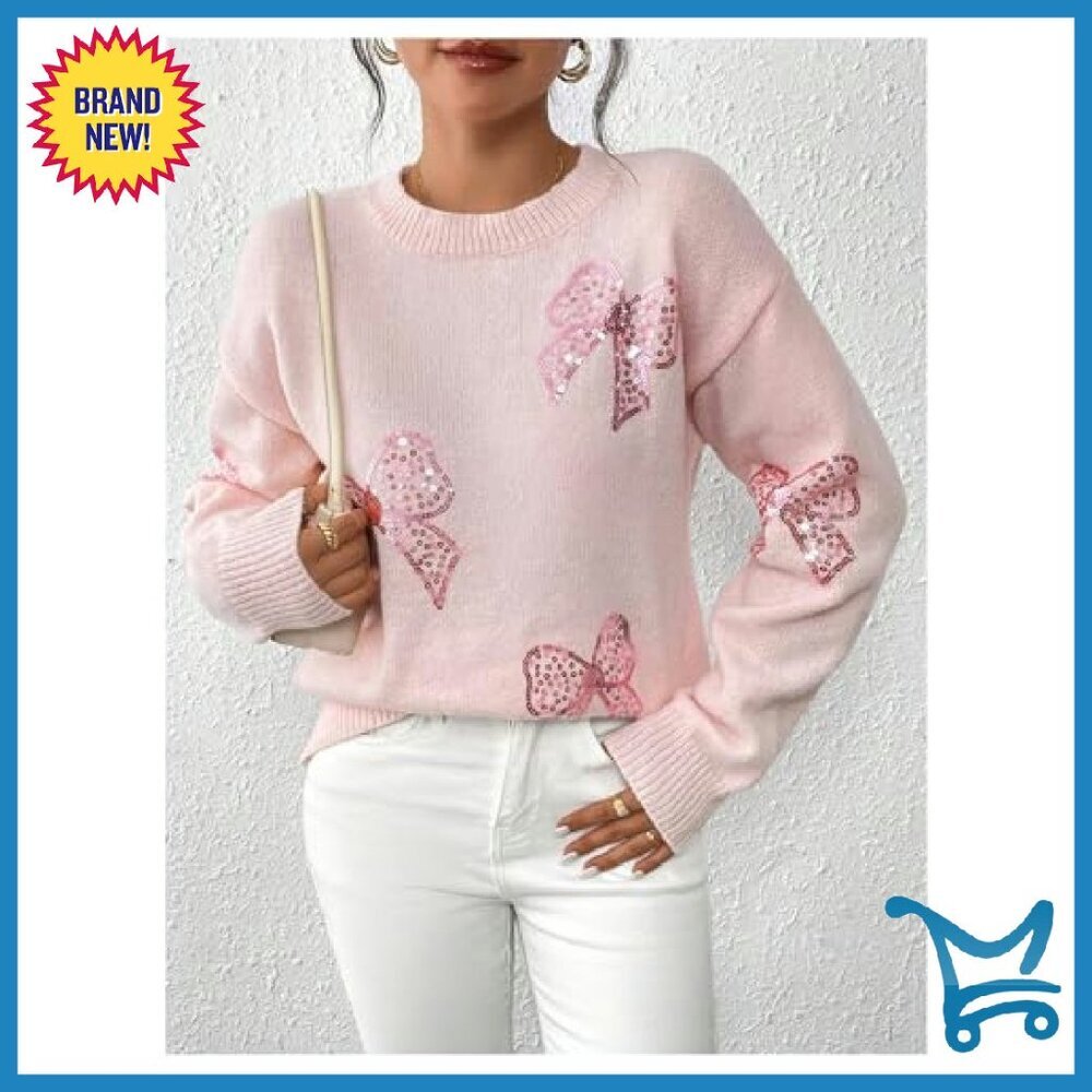 Sequin Bow Sweater Drop Shoulder Pullover Knit Top Loose Fit - Picture 6 of 6